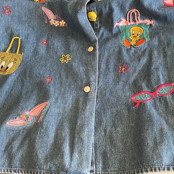 Vintage Tweety Bird Looney Tunes Cartoon Embroidered Denim Shirt Size S - Picture 8 of 11
